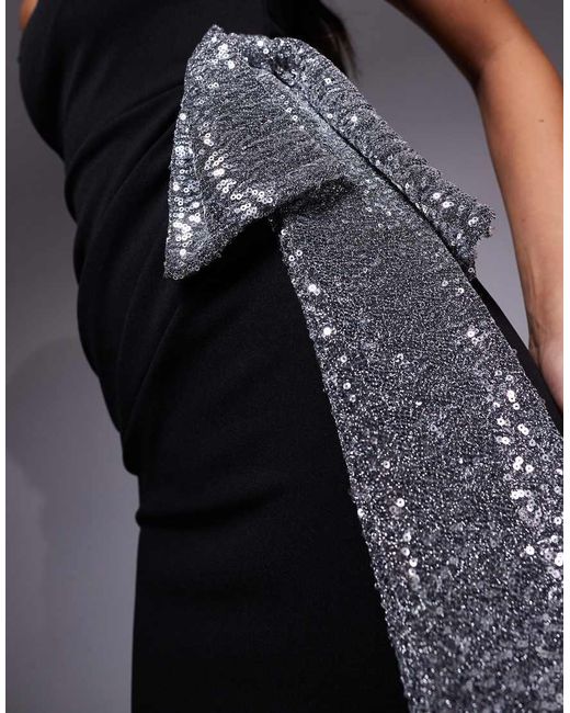 ASOS Blue Crepe Twisted Off The Shoulder Mini Dress With Silver Sequined Bow Side Detail