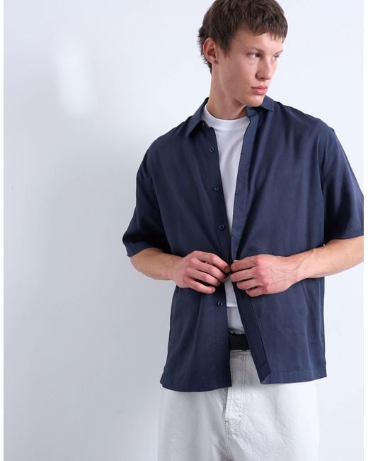 Topman Blue Relaxed Fit Short Sleeve Twill Shirt for men