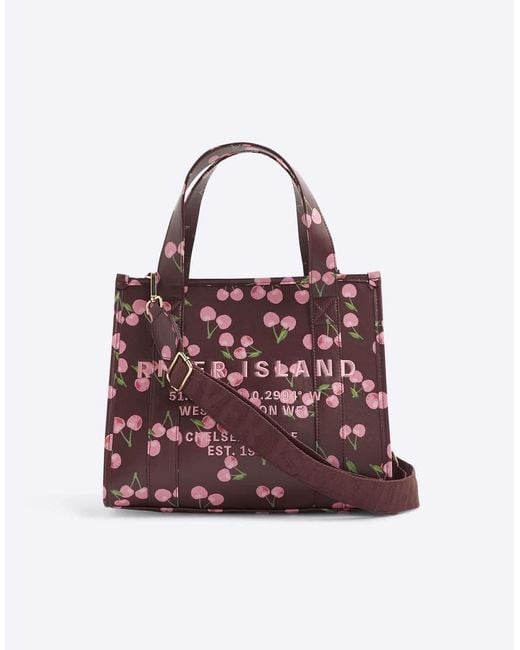 River Island Purple Cherry Print Embroidered Tote Bag