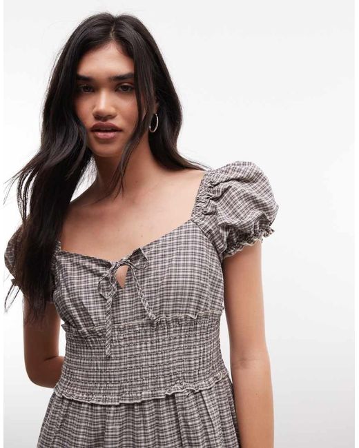 Daisy Street Gray Puff Sleeve Tiered Midaxi Dress With Tie Bust