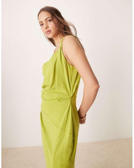 ASOS Yellow Linen Twist Shoulder Detail Midi Dress With Ruching