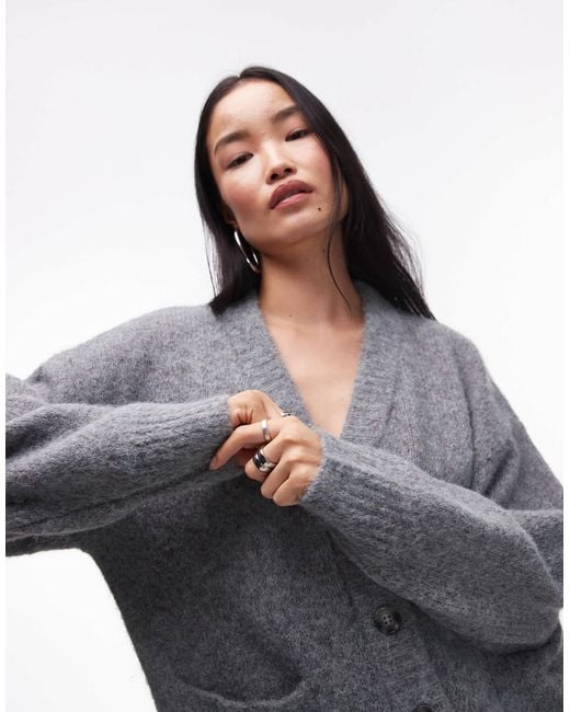 TOPSHOP Gray Knitted V-neck Fluffy Oversized Cardigan With Pockets
