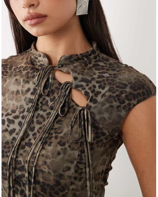 ASOS Black Printed Mesh Capped Sleeve Tie Detail Top