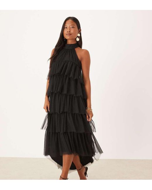 LACE & BEADS Maxi Jurk Van Tule Met Open Achterkant En Stroken in het Black