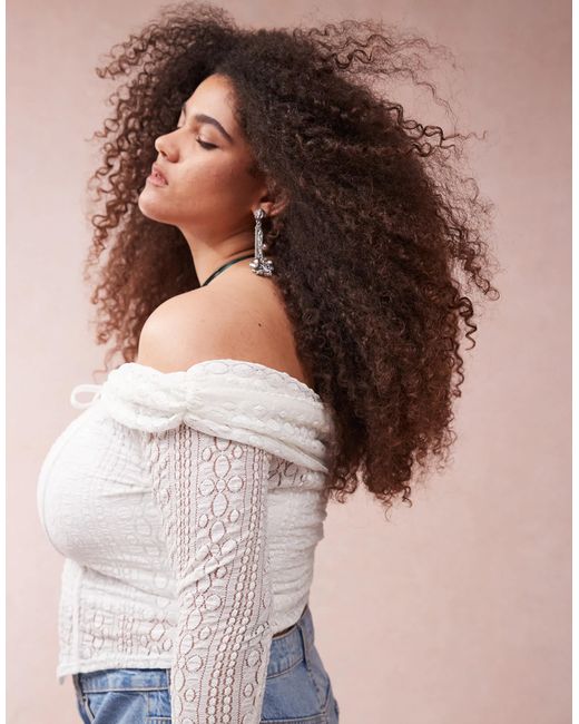 ASOS Blue Asos Design Curve Lace Off The Shoulder Long Sleeve Top With Tie Detail-white