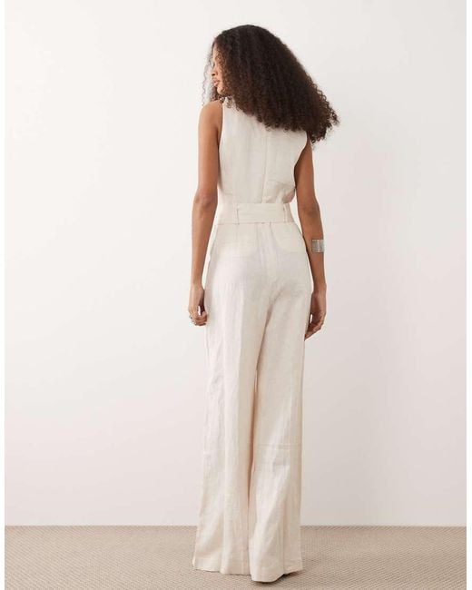 Mango Natural Halterneck Linen Tie Waist Jumpsuit