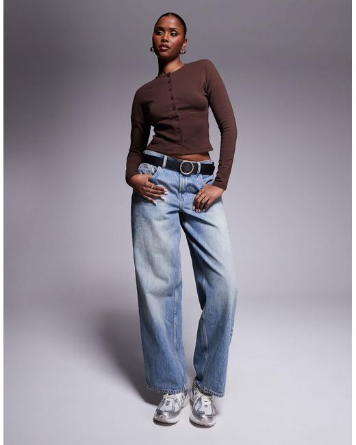ASOS Gray Long Sleeve Button Up Top With Ribbed Waist And Cuffs