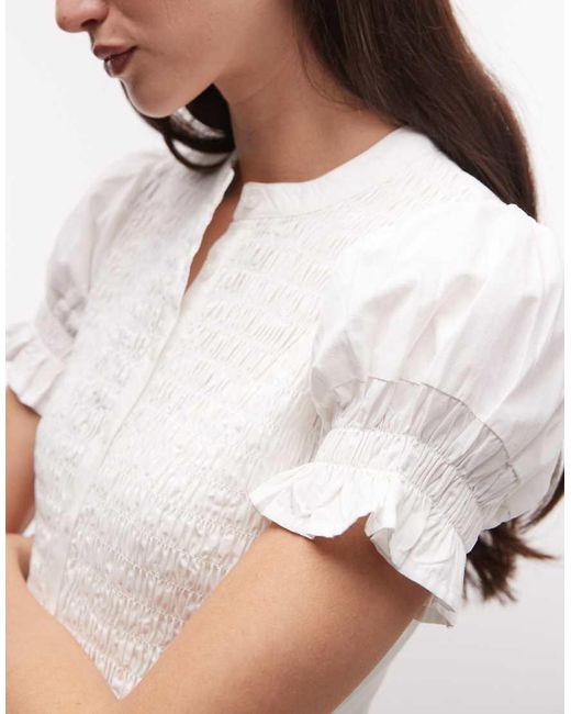 Collusion White Shirred Button Mini Shirt Dress