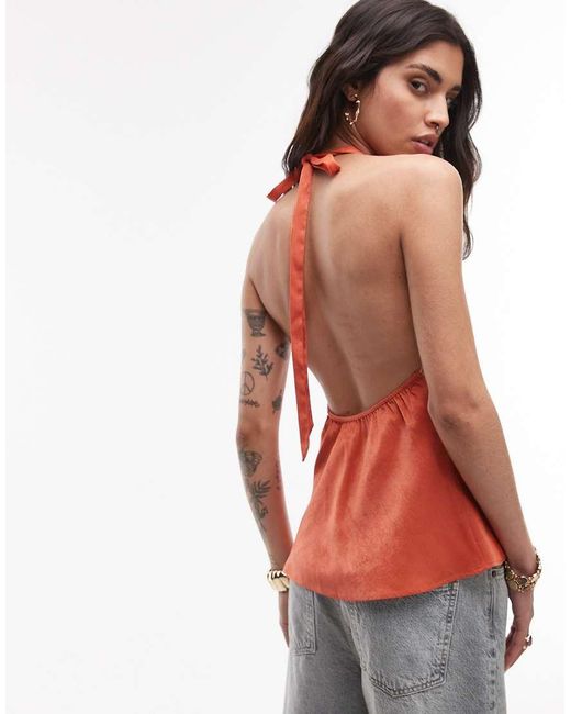 TOPSHOP Red Halterneck Top With Contrast Lace