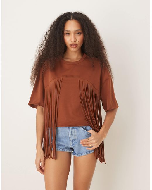 ASOS Brown Boxy Cropped T-shirt With Fringe Detail