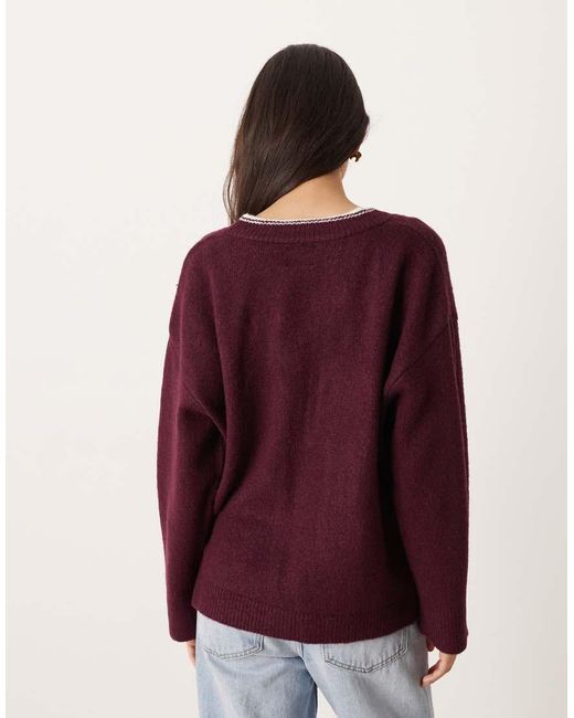 ASOS Purple Relaxed V Neck Jumper With Contrast Tipping