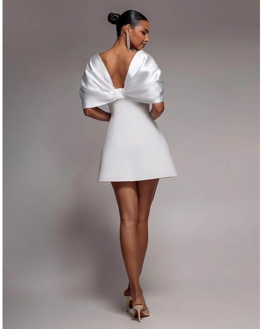 Goddiva Gray Off Shoulder Back Satin Bow Mini Dress