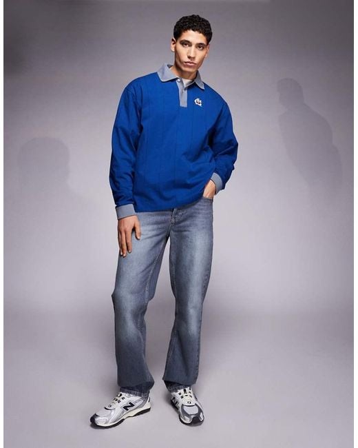ICECREAM Blue Pinstripe Long Sleeve Polo With Contrast Collar for men