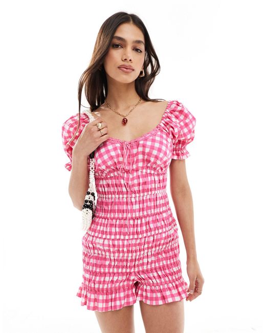 ASOS Pink Elasticated Channel Lace Trim Bow Playsuit