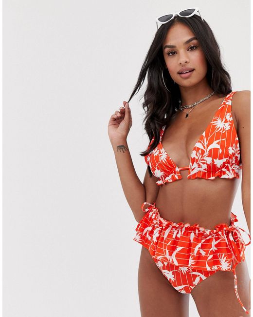 ASOS Denim – Rüschen-Bikini mit Rockdesign, hohem Bund und Blumen-Streifenmuster  in Rot | Lyst AT