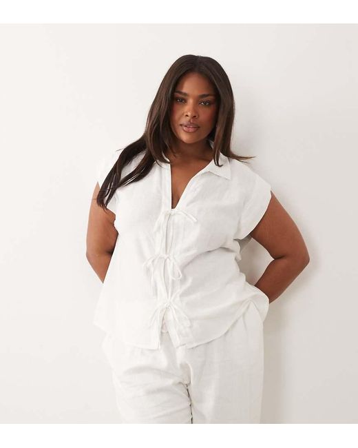 Nobody's Child White Ember Linen Blend Collar Detail Tie Front Top