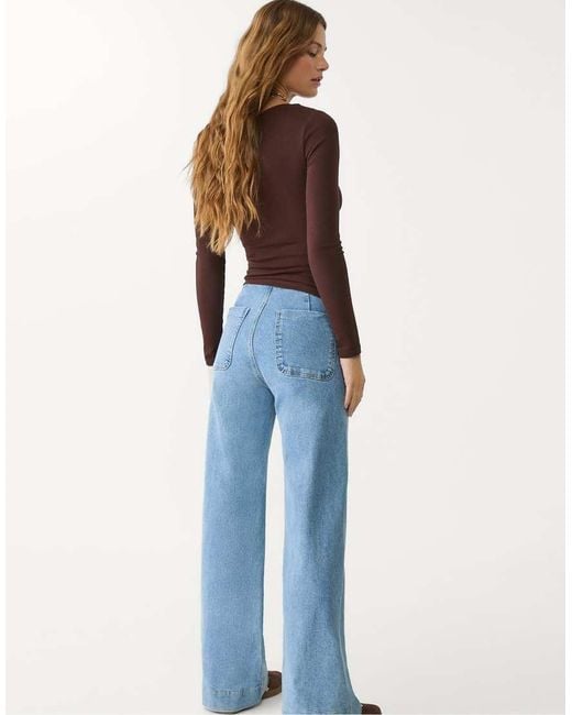 Stradivarius Blue Tall D77 Straight Leg Jean With Button Detail