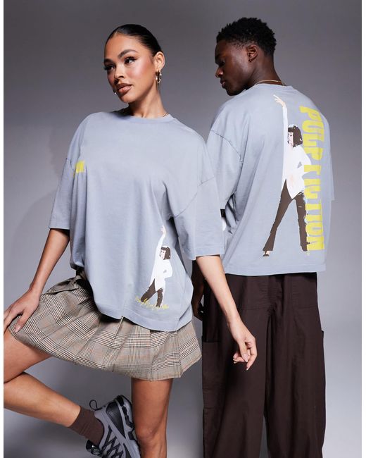 T-shirt unisexe coupe carrée oversize à imprimés pulp fiction - délavé ASOS en coloris Blue