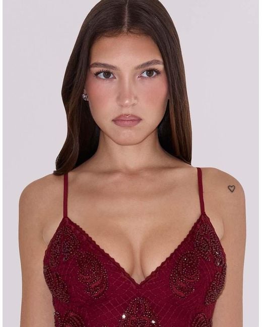 House Of Cb Red Catarina Wine Hand-Beaded Embellished Mini Dress