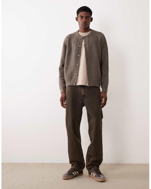ASOS Brown Oversized Knitted Fisherman Rib Wool Blend Crew Neck Cardigan for men