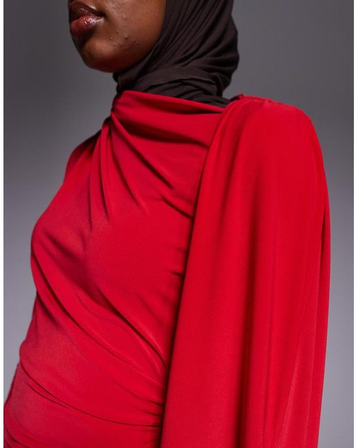 DASKA Red Slinky Cape Detail Maxi Dress