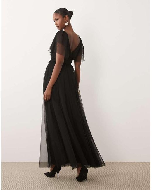 LACE & BEADS Black Bridesmaid Shirred Waist V Neck Mesh Flutter Sleeve Maxi Dress