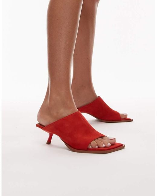TOPSHOP Red Ilya Premium Real Suede Open Square Toe Mules