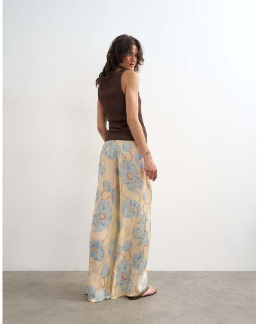 TOPSHOP White Printed Floral Jaquard Satin Wide Leg Trouser