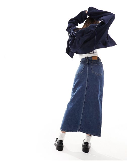 Monki Blue Denim Midi Skirt With Split