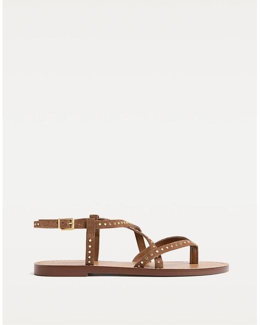 Stradivarius Natural Flat Leather Sandals With Studs