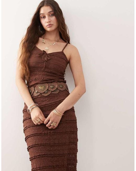 Miss Selfridge Brown Lace And Ruffle Detail Midi Dress