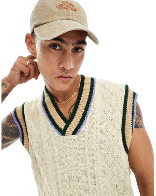 ASOS White Oversized Cable Knit Cricket Tank for men