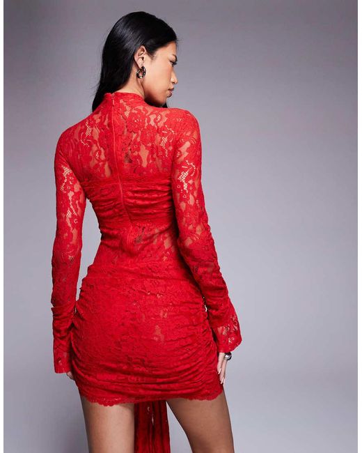 Murci Red Exclusive Lace High Neck Long Sleeve Diamante Detail Drape Front Mini Dress