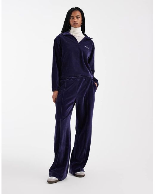 4th & Reckless Blue Exclusive Velour Side Stripe Seam Detail Wide Leg Trouser Co-Ord