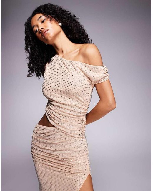SIMMI Gray Odette Nude Hot Fix Off The Shoulder Maxi Dress
