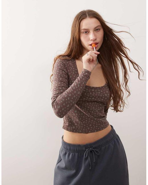 PacSun Brown Scoop Neck Ditsy Print Long Sleeve Top