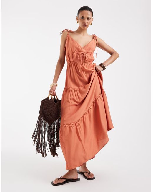 Vero Moda Orange Tie Shoulder Cami Midi Tiered Dress