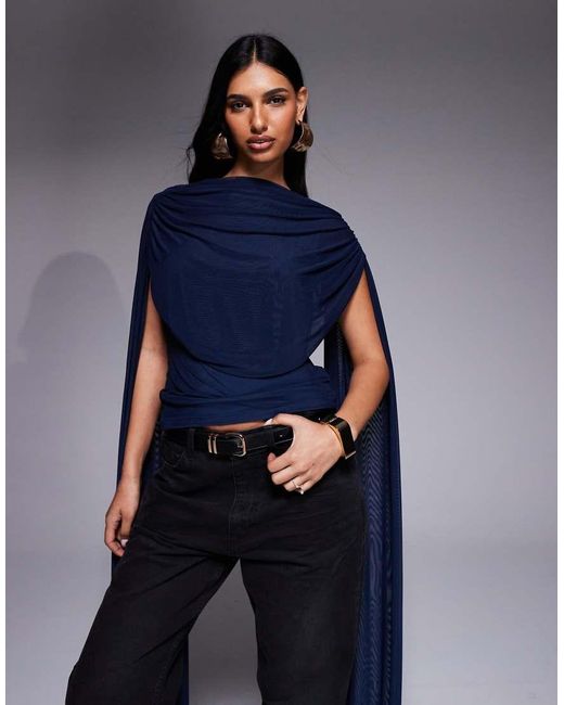 ASOS Blue Cowl Caped Mesh Top