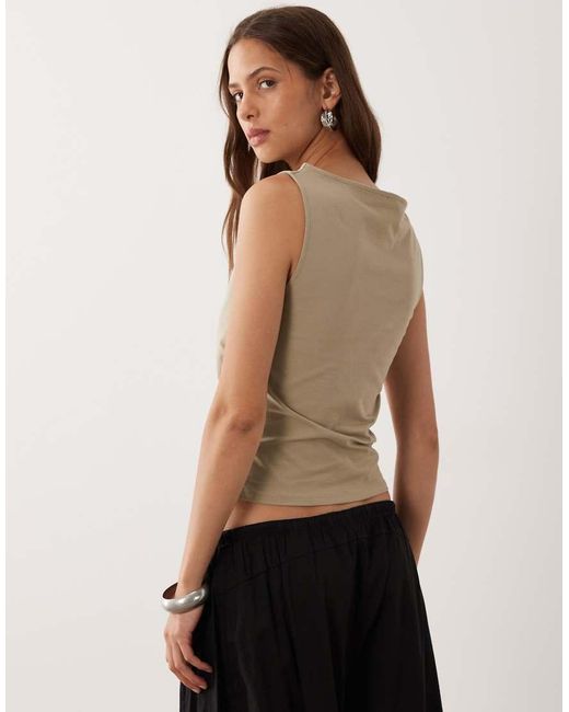 Mango Multicolor Cotton Rich Boat Neck Ruched Sleeveless Top