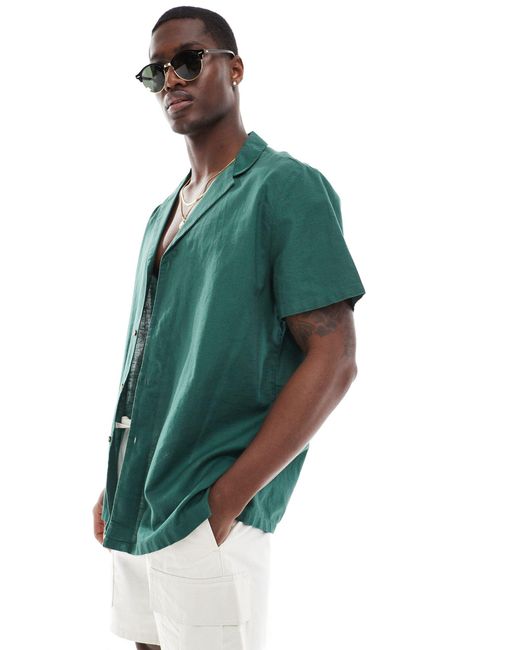 ASOS Green Relaxed Linen Blend Shirt With Deep Revere Collar for men