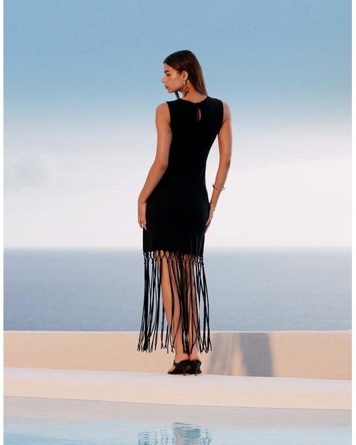 ASOS Black Sleeveless Macrame Fringe Hem Detail Midi Dress