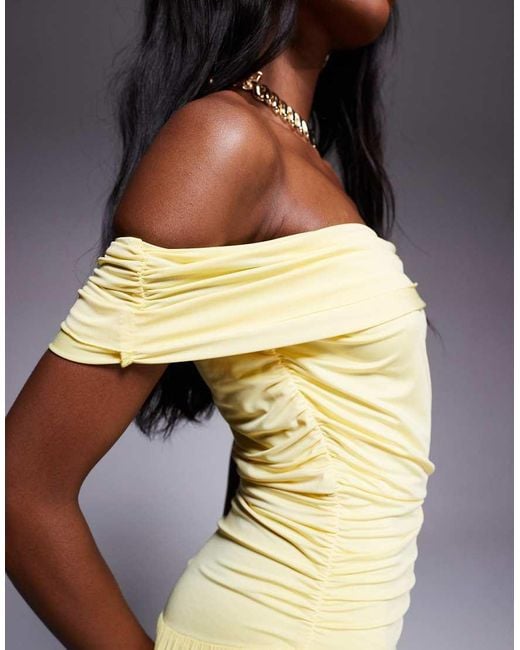 Aria Cove Yellow Bardot Drop Ruched Waist Pleated Maxi Dress