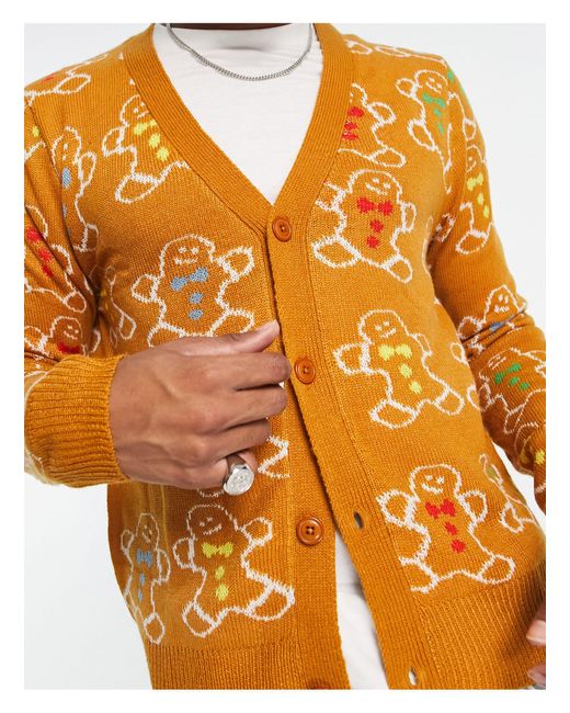 Another Influence Orange Gingerbread Christmas Cardigan for men