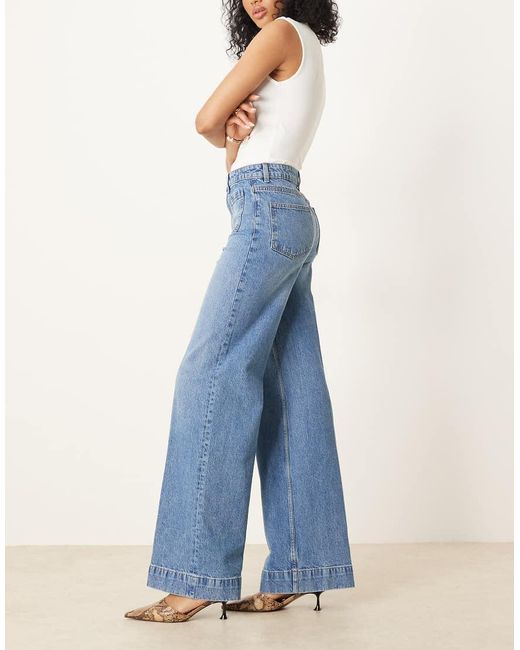 ASOS Asos Design Tall High Waist Wide Leg Jeans With Front Pockets In Mid Blue