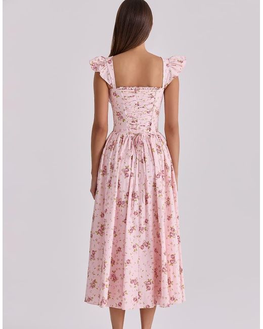 House Of Cb Pink Livia Vintage Rose Cotton Midi Sundress