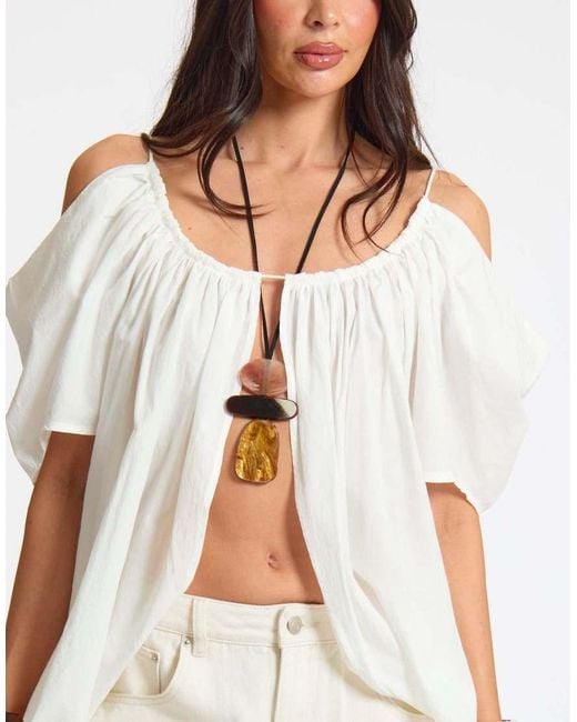 Missy Empire White Linen Ruched Off Shoulder Split Front Top