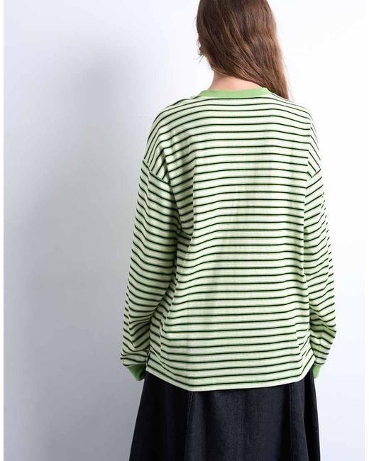 TOPSHOP Green Stripe Long Sleeve Slouchy Skater Tee