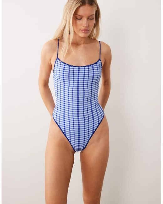 ASOS Blue Gigi Textured Scoop Neck High Leg Swimsuit