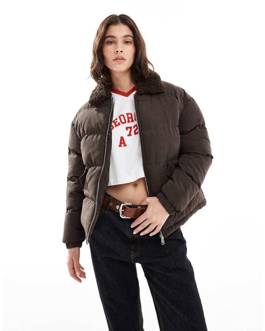 Brave Soul Black Short Puffer Jacket With Shearling Collar
