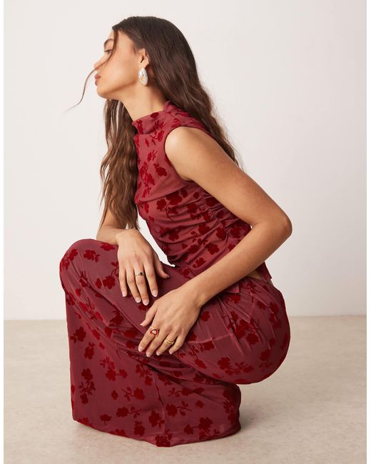 ASOS Flocked Mesh Low Rise Maxi Skirt in Red | Lyst